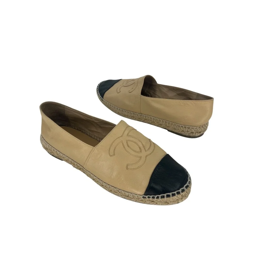 Chanel Lambskin CC Cap Toe Espadrilles Beige Black Size 41